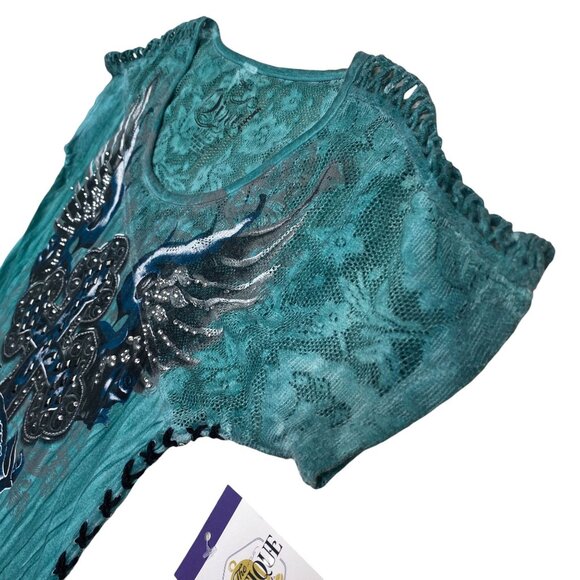 Sinful By Affliction Womens S Lace Tee Distressed Studded Wing Graphic Turquoise - Picture 5 of 16
